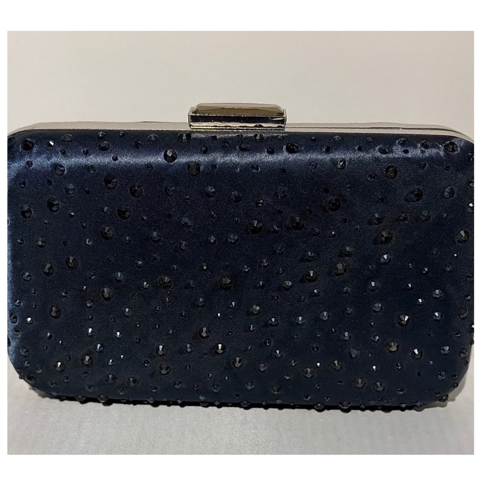 INC International Concepts Navy Blue Satin Rhinestone Evening Clutch Bag